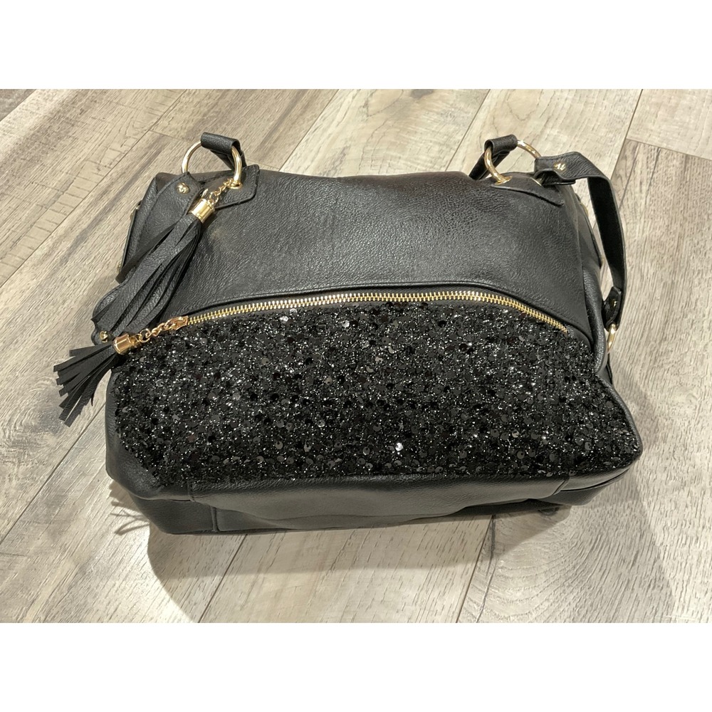 Coofit Black Sequin Vegan Leather Satchel Crossbody Bag Tassel Gold Hardware - Picture 3 of 7
